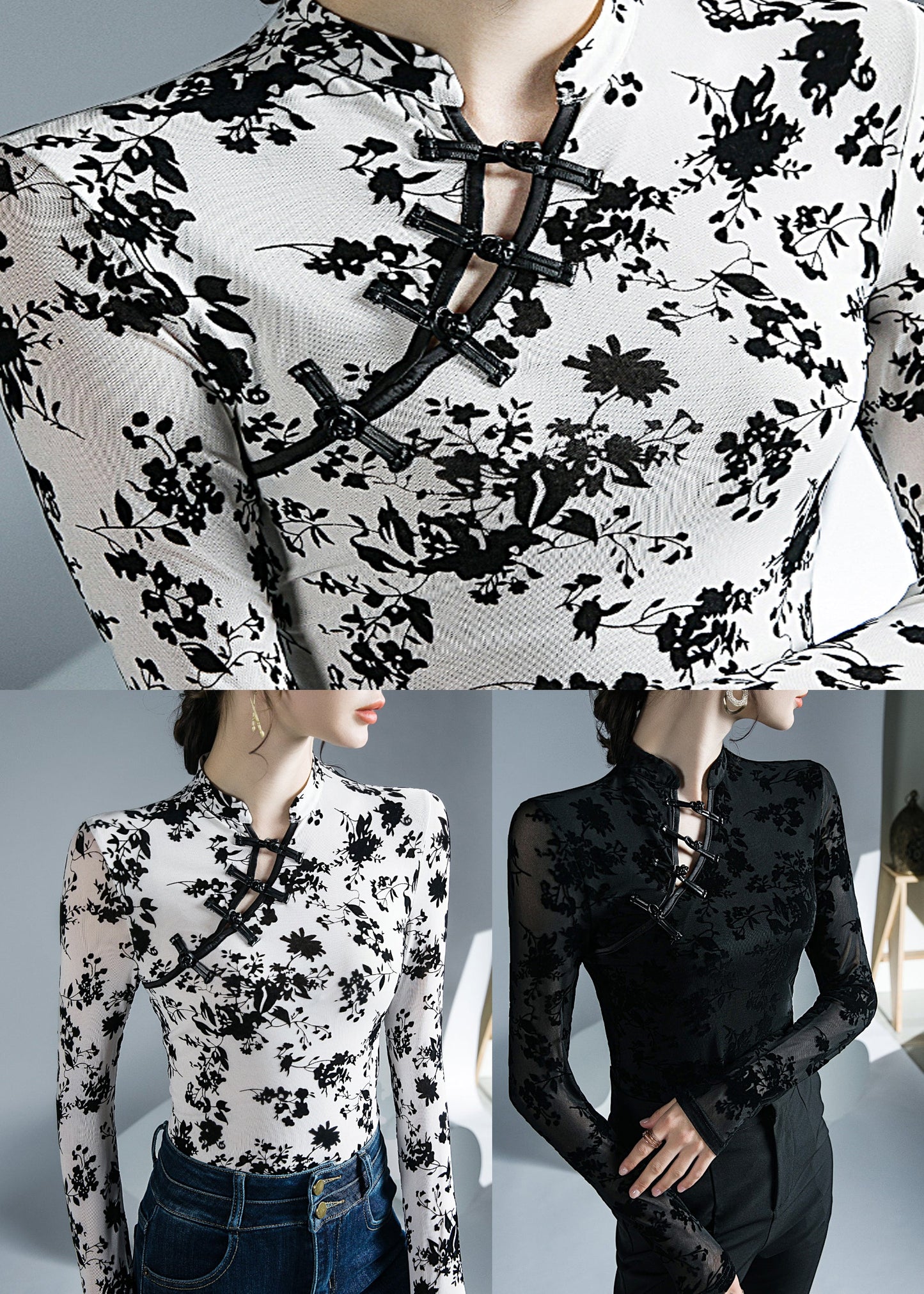 Black Stand Collar Print Tops Bottoming Shirt