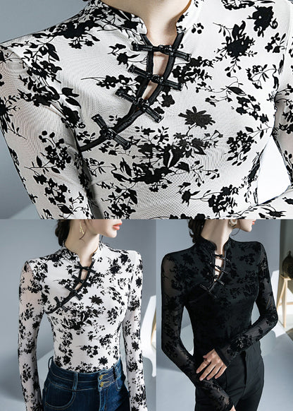 Black Stand Collar Print Tops Bottoming Shirt