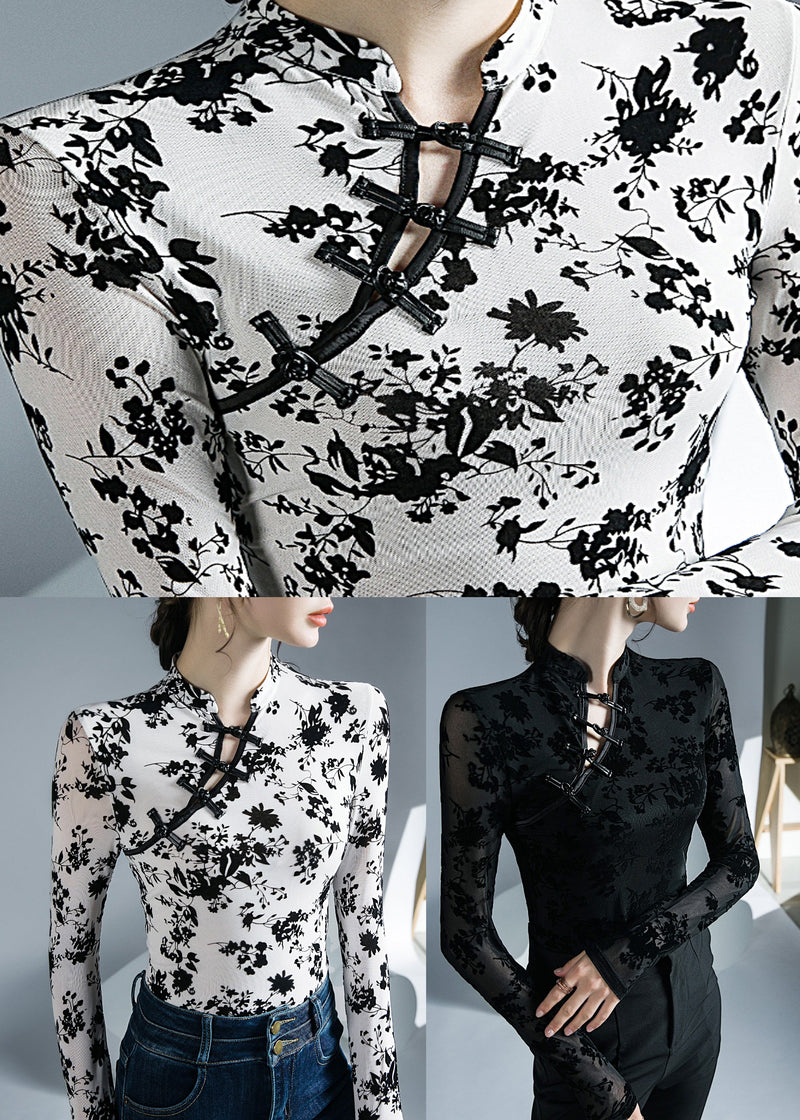Black Stand Collar Print Tops Bottoming Shirt