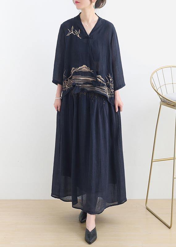 Birds Over the Clouds-navy Low High Linen Outfit Summer Shirt & Pants Two Pieces Set