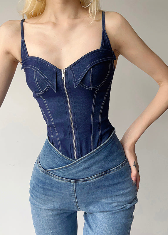 Blue Patchwork Zippered Denim Cami Bodysuit