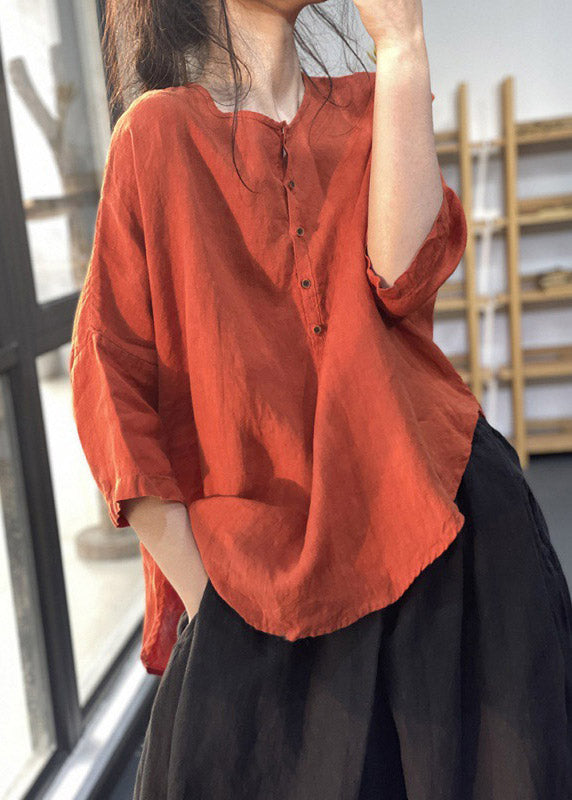 Italian Red O-neck Asymmetrical Design Linen Shirts Three Quarter Sleeve