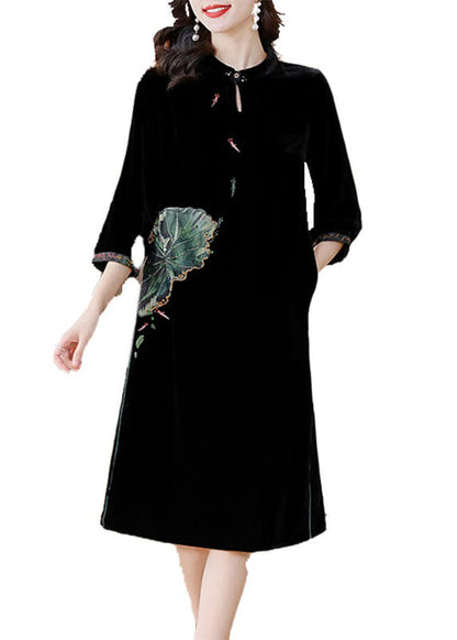 Black O-neckpockets Button Silk Velour Long Dresses Bracelet Sleeve