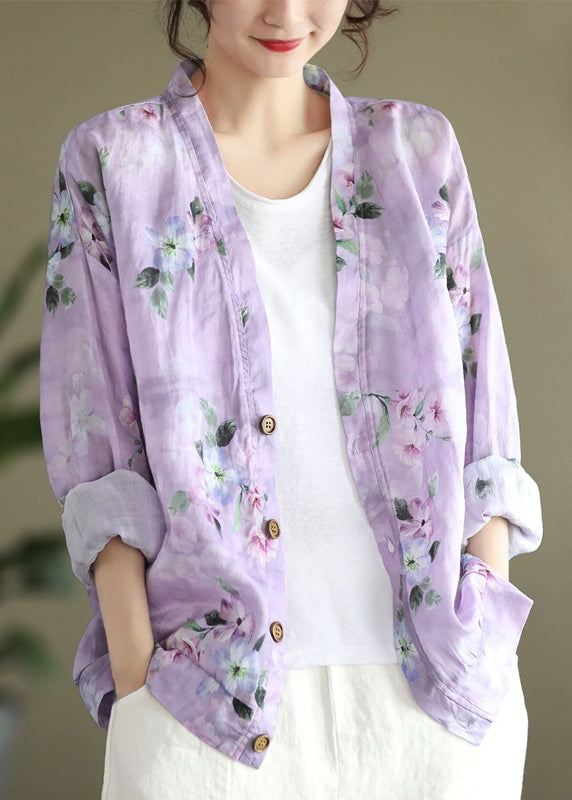 Orange V Neck Button Print Cotton Cardigans Spring