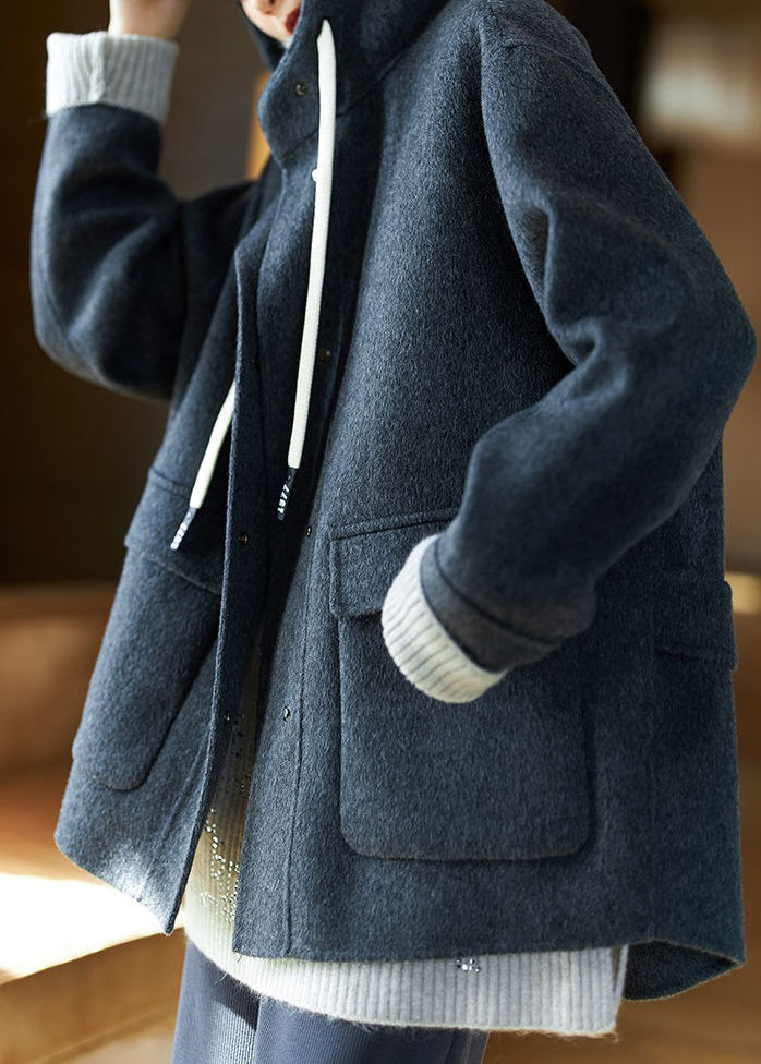 Beige Hooded Pockets Patchwork Wool Coat Spring