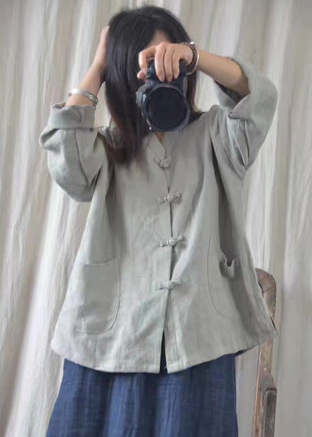 Oversized Chinese Button Pockets Linen Shirt Fall