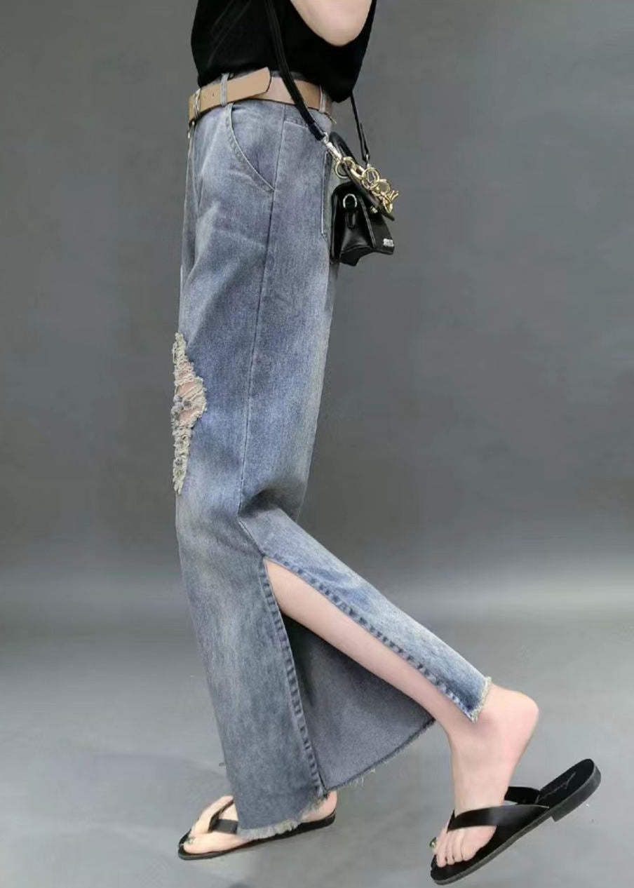 Denim Blue High Waist Hole Pockets Side Open Cotton Straight Pants Summer