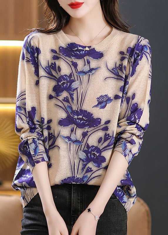 Purple O Neck Print Patchwork Knit Sweaters Fall