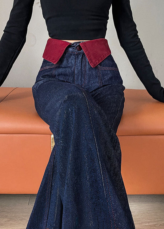 Navy High Waist Patchwork Denim Straight Pants Spring