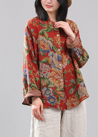 Retro Red O-neck Print Button Cotton Shirts Long Sleeve