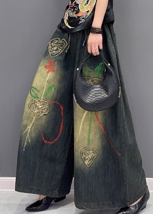 Embroidered Elastic Waist Wide Leg Jeans