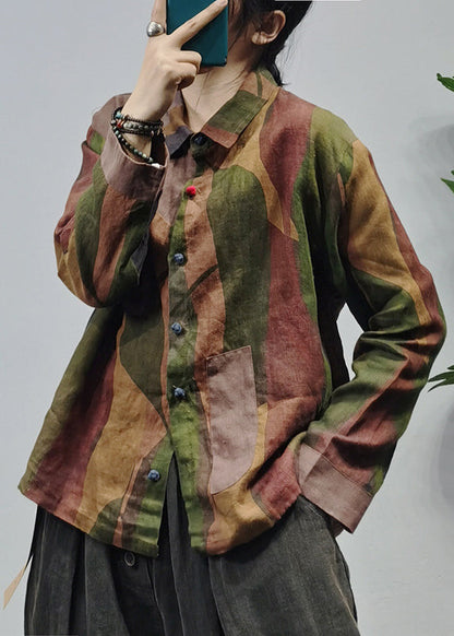Green Wrinkled Patchwork Linen Shirt Tops Long Sleeve