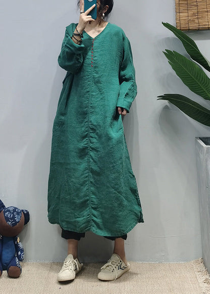 Loose Purple V Neck Side Open Embroideried Pocket Linen Dresses Long Sleeve