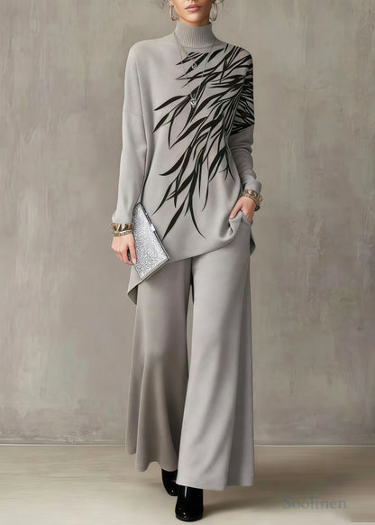 Khaki Print Knit Two Piece Suit Set Asymmetrical Stand Collar Spring