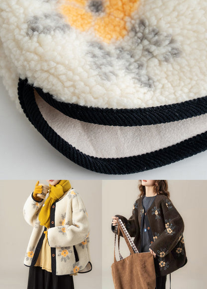 Jacquard Coffee Button Fluffy Coat and Grey Ruffled T Shirt Two Piece Set Winter