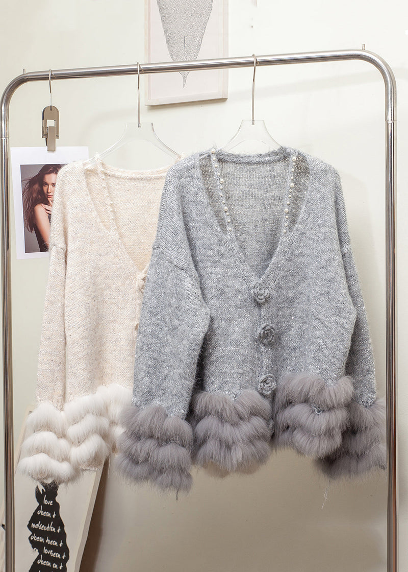 Grey V Neck Fox Fur Pearl Patchwork Knit Sweaters Winter