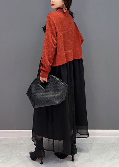 Red Turtle Neck Patchwork Tulle Fake Two Piece Dresses Spring