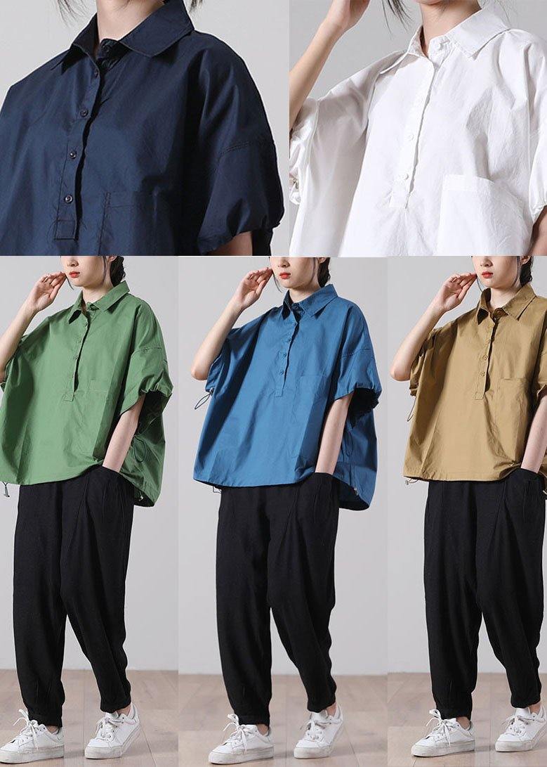 Fine Khaki Pockets Cotton Tops Short Sleeve