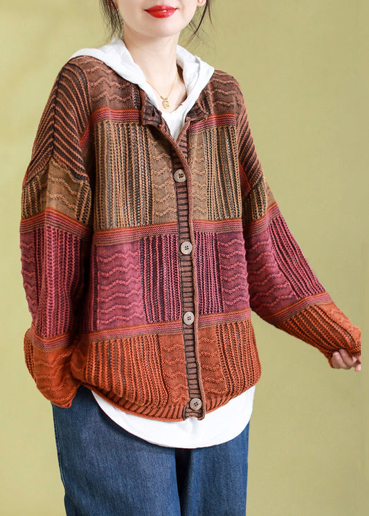 Orange O-neck Striped Patchwork Button Cotton Knit Cardigan Spring