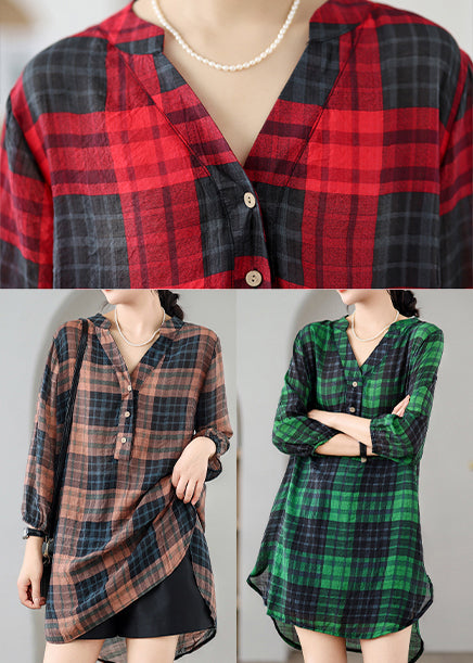 Red V Neck Plaid Linen Mid Dresses Summer