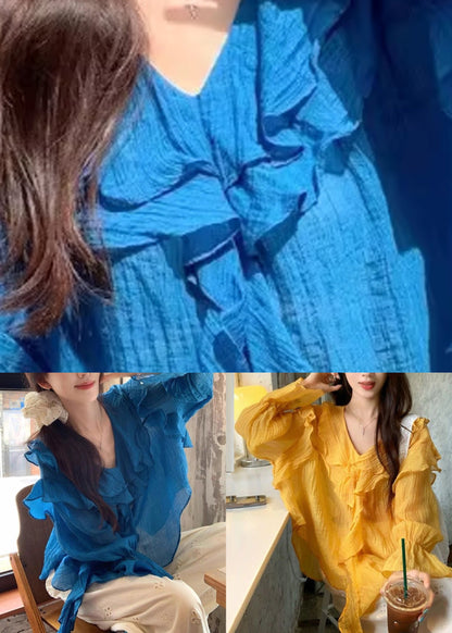 Blue Tops V Neck Asymmetrical Patchwork Fall