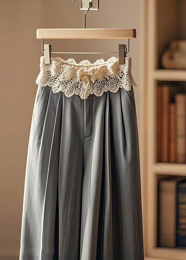 Grey Wrinkled Patchwork Lace Wide Leg Pants Fall