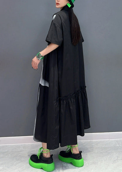 Black Peter Pan Collar Patchwork Long Shirts Dresses Summer
