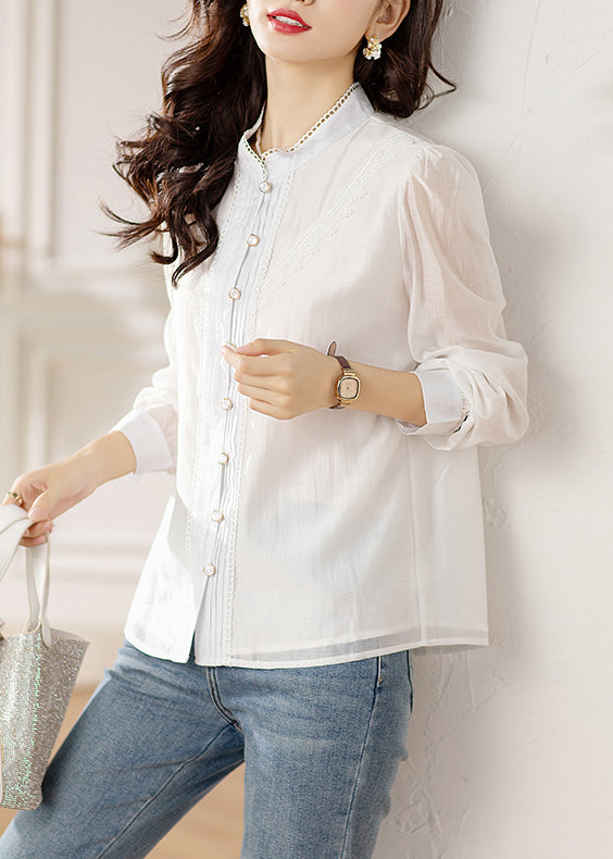 White Button Lace Patchwork Shirts Long Sleeve