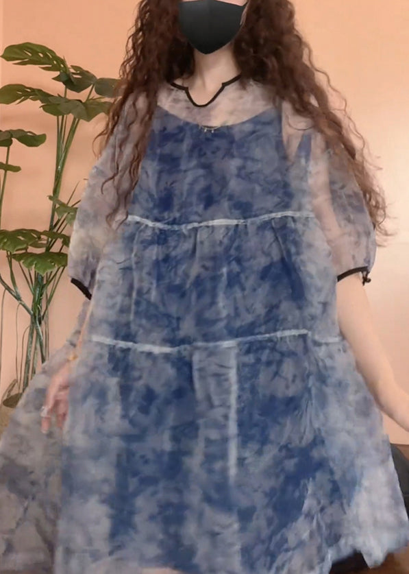 Blue Print Patchwork Tulle Two Pieces Set Half Sleeve