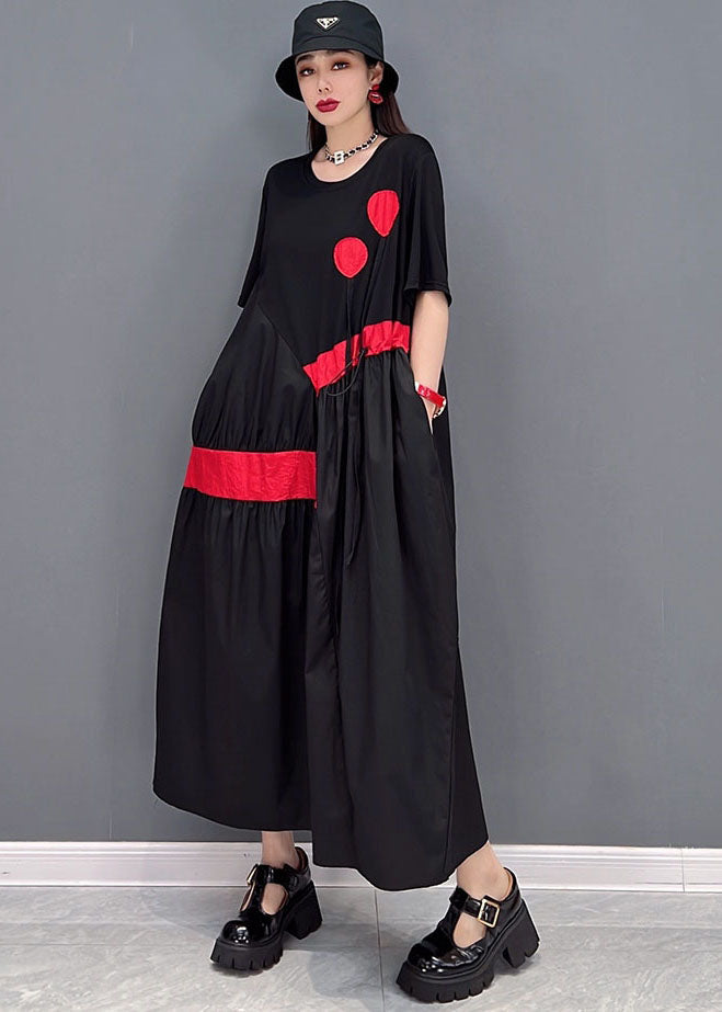 Stylish Black Drawstring Asymmetrical Patchwork Cotton Pleated Dresses Short Sleeve