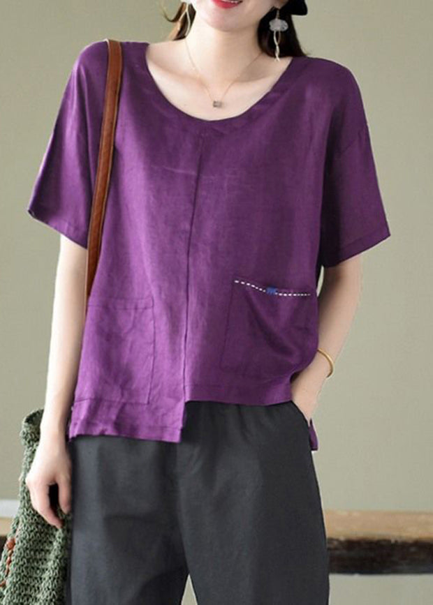 Purple O-neck Asymmetrical Design Pocket Linen Top Short Sleeve