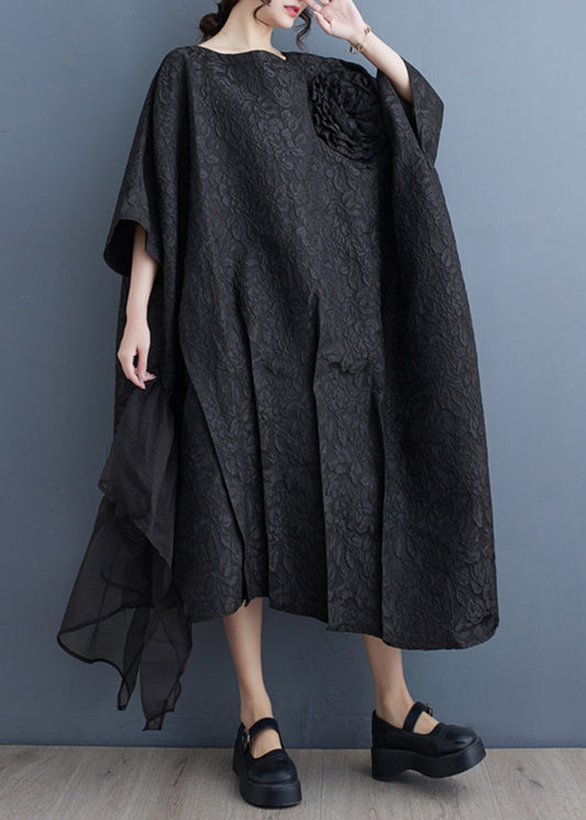 Black O-neck Patchwork Cotton Long Dresses Batwing Sleeve