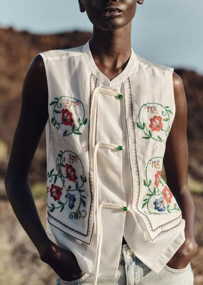 White Embroidered Tassel Cotton Top Sleeveless