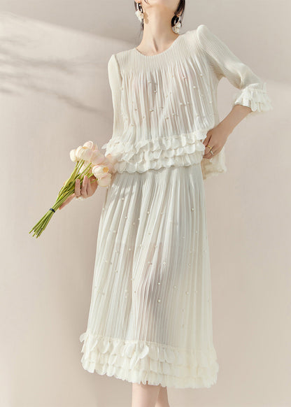 French White Nail Bead Silk Cotton Top and Maxi Skirts Two Piece Set Half Sleeve