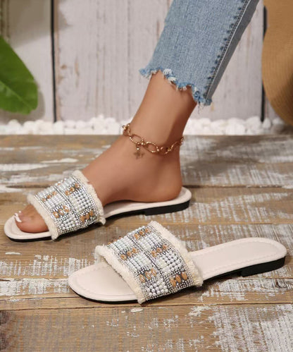 Nail Bead Splicing White Faux Leather Slide Sandals