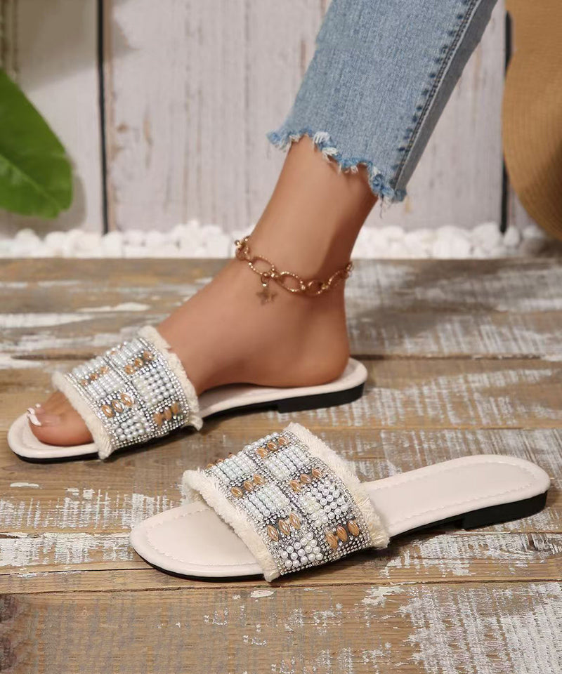 Nail Bead Splicing White Faux Leather Slide Sandals