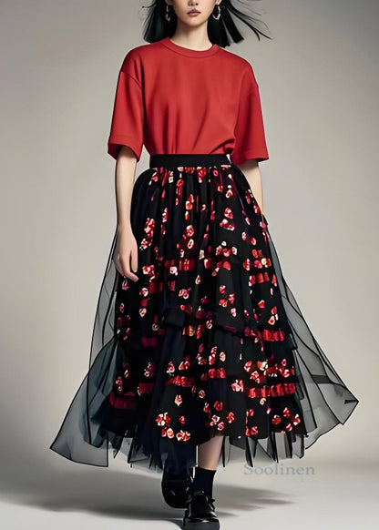 Fine O Neck Cotton Tops and Chiffon Skirts Two Pieces Set Summer