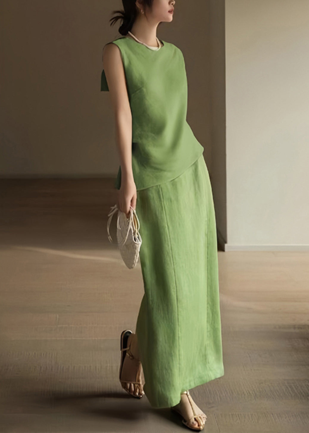 French Green O-neck Patchwork Linen Top and Maxi Skirts Two Pieces Set Sleeveless