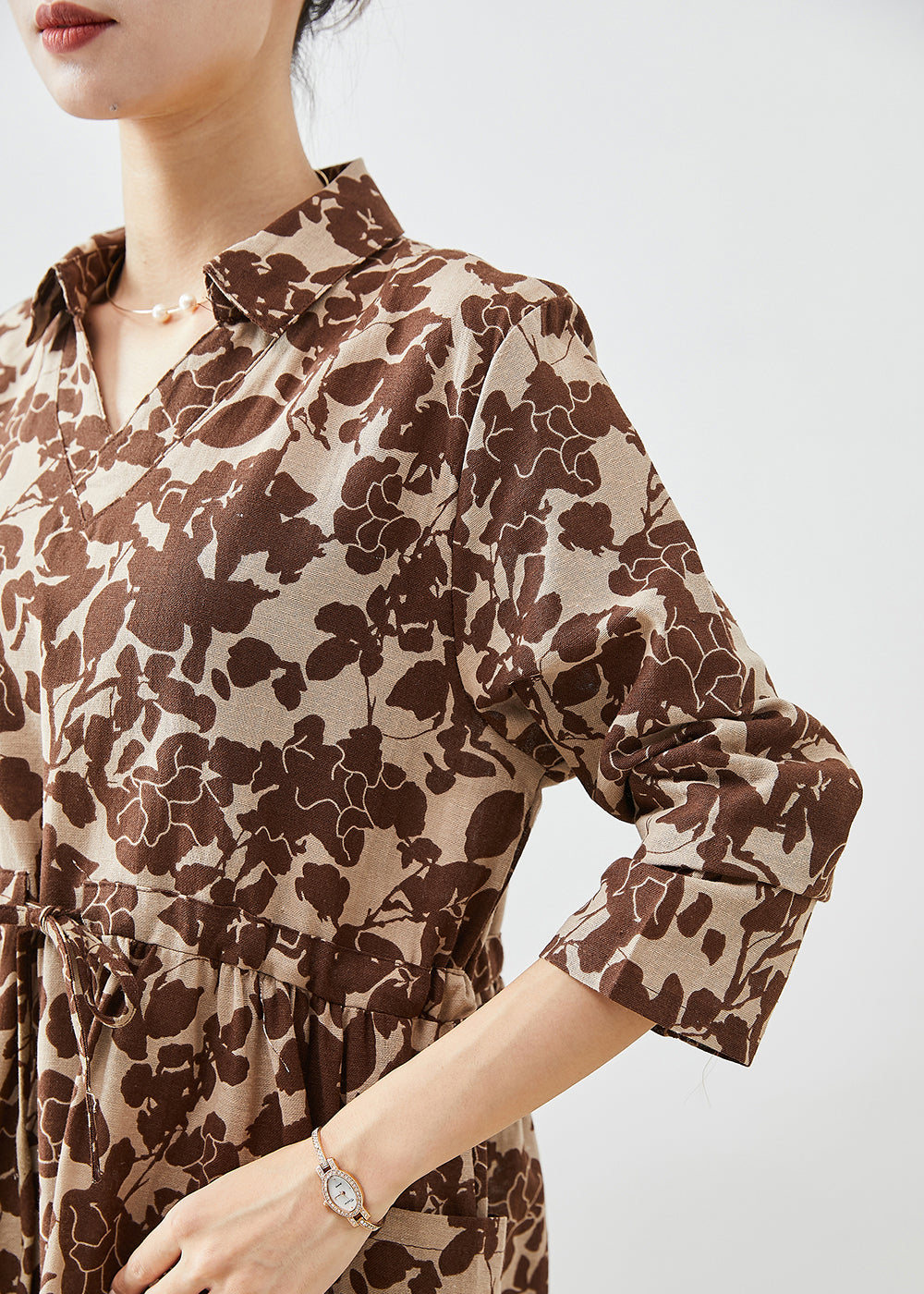 Khaki Cinched Print Cotton Long Dresses Fall