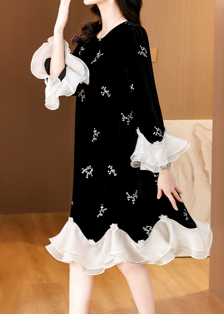 Loose Black Embroidered Patchwork Silk Velour Dress Flare Sleeve Spring