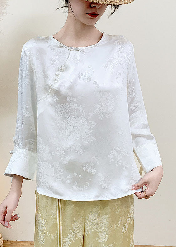 Fine White Jacquard Chinese Button Silk Shirt Top Spring