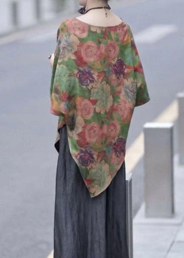 Green Asymmetrical Print Silk Shirt Tops Bracelet Sleeve