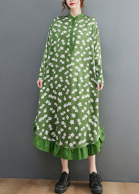 French Green Stand Collar Button Print Shirt Dress Long Sleeve