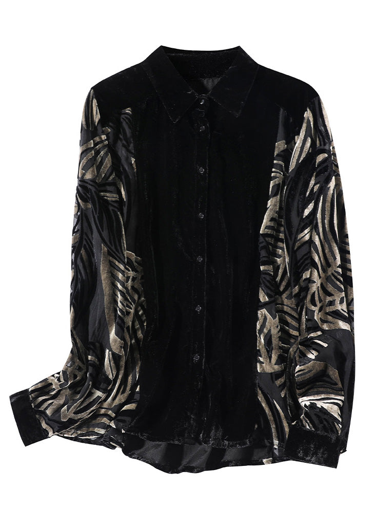 Black Peter Pan Collar Print Patchwork Button Silk Velour Shirt Long Sleeve