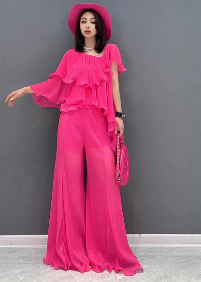 Vogue Chiffon O-neck Top and Wide Leg Pants Two Pieces Set Summer