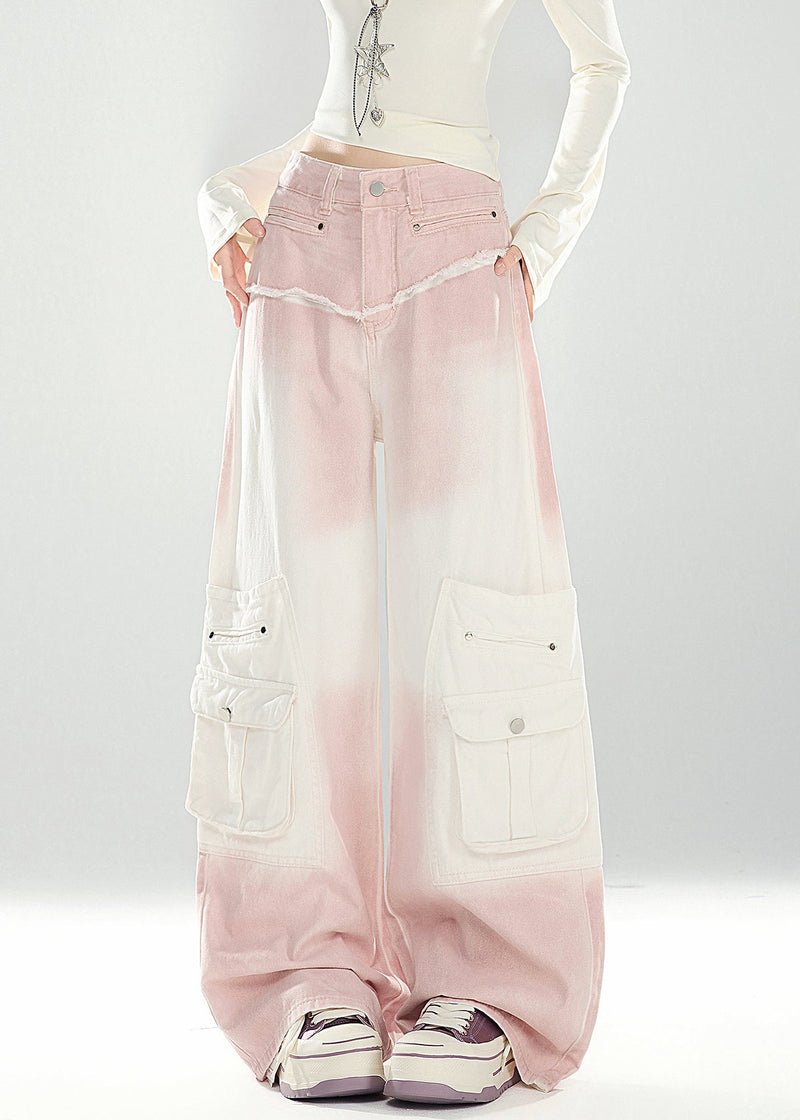 Pink Gradient Color Pockets High Waist Denim Pants Spring
