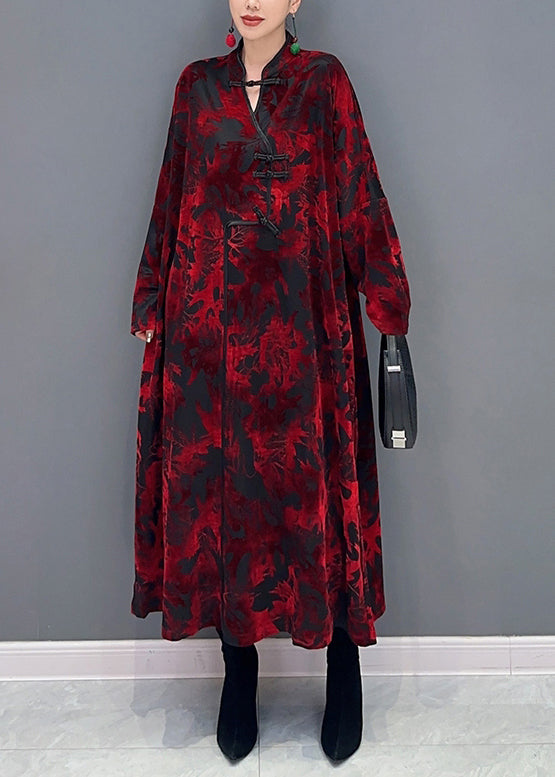 Red Stand Collar Print Patchwork Loose Velour Dresses Fall