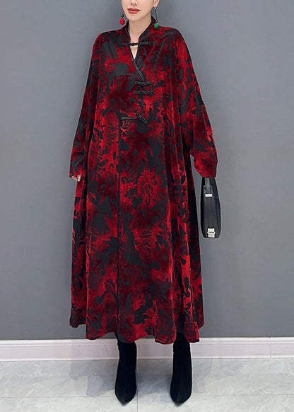 Red Stand Collar Print Patchwork Loose Velour Dresses Fall
