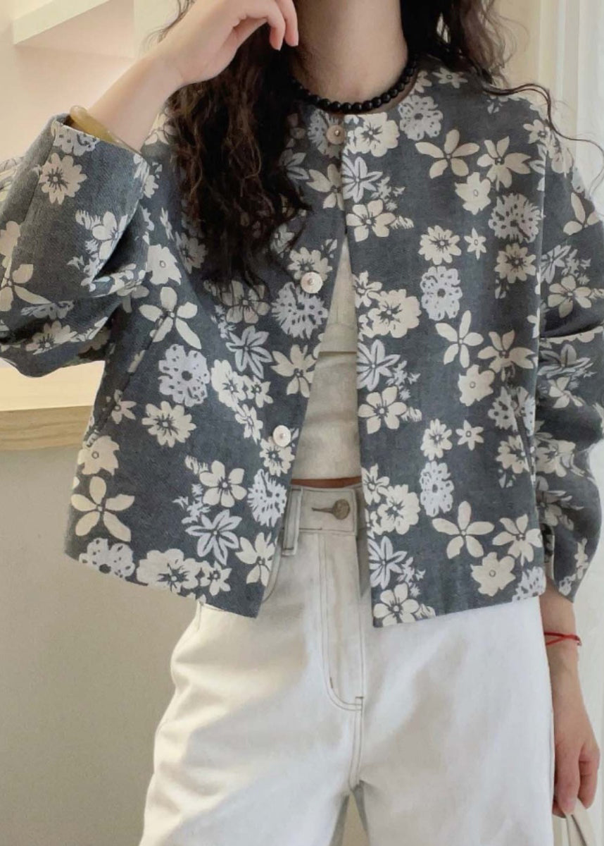 French Grey O Neck Print Cotton Jacket Fall