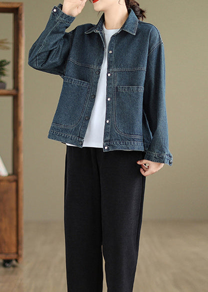 Blue Peter Pan Collar Pockets Warm Fleece Denim Coat Spring